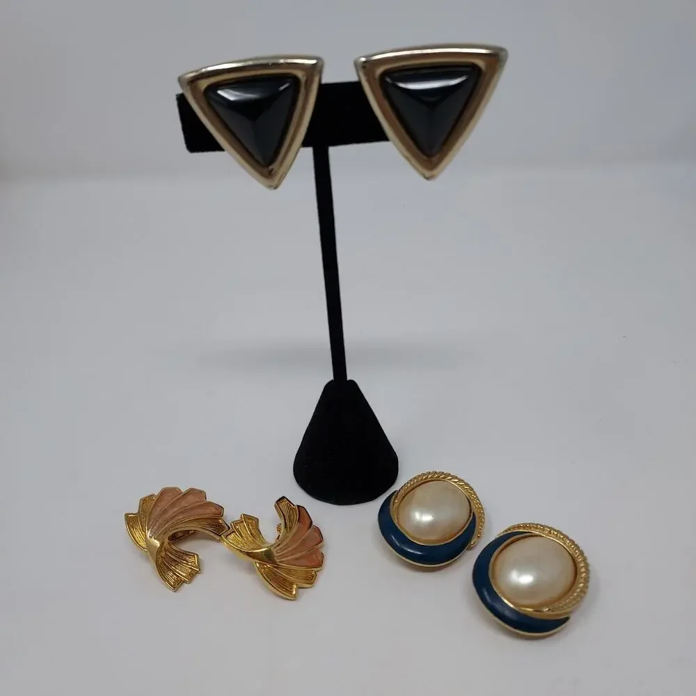 Vintage Clip On Earrings Lot 3 Pairs Enamel and Acrylic incl 1 Signed Richelieu